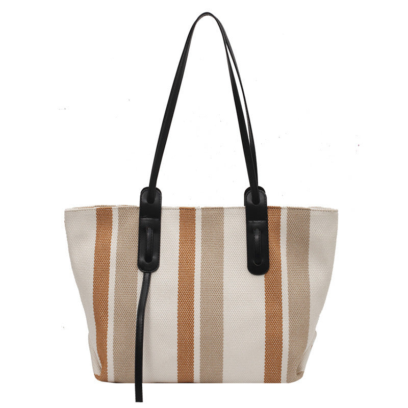 Canvas Large-capacity One-shoulder Tote Bag Stripe Contrast Color Handbag