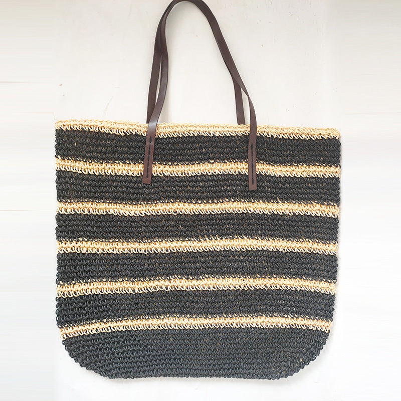 Stripe Color Matching Crochet Beach Bag Large Capacity Shoulder Bag