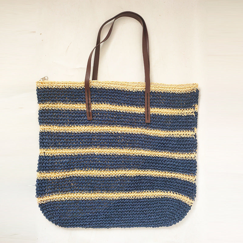Stripe Color Matching Crochet Beach Bag Large Capacity Shoulder Bag