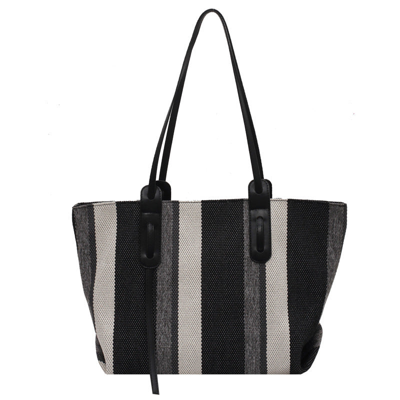 Canvas Large-capacity One-shoulder Tote Bag Stripe Contrast Color Handbag