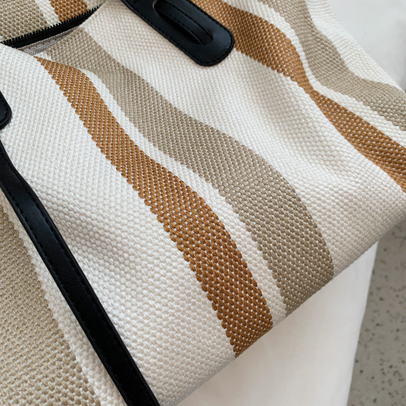 Canvas Large-capacity One-shoulder Tote Bag Stripe Contrast Color Handbag