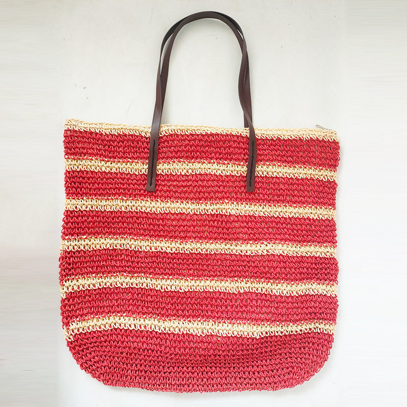 Stripe Color Matching Crochet Beach Bag Large Capacity Shoulder Bag