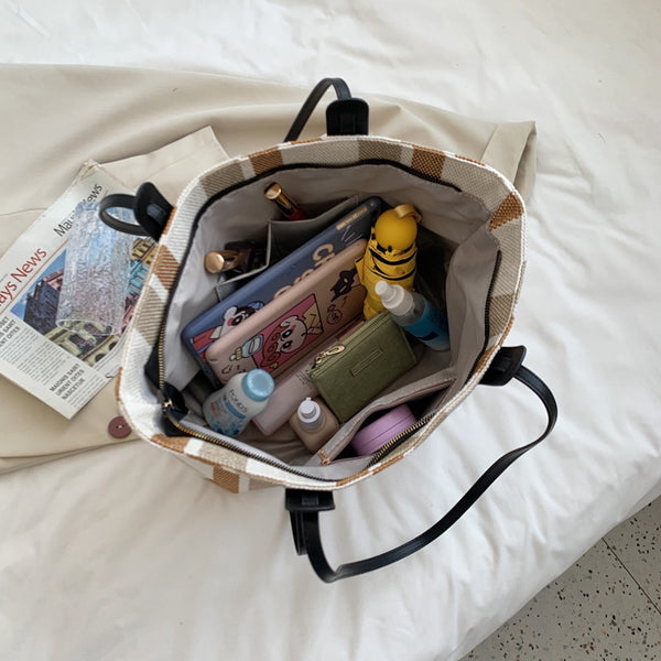 Canvas Large-capacity One-shoulder Tote Bag Stripe Contrast Color Handbag