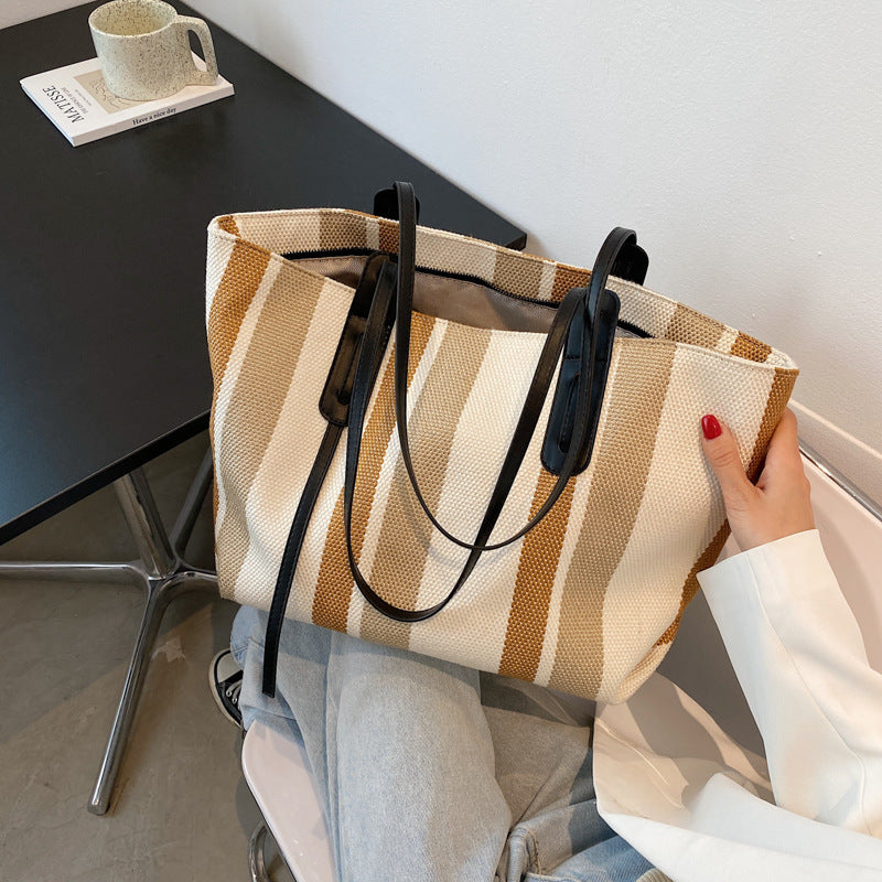 Canvas Large-capacity One-shoulder Tote Bag Stripe Contrast Color Handbag